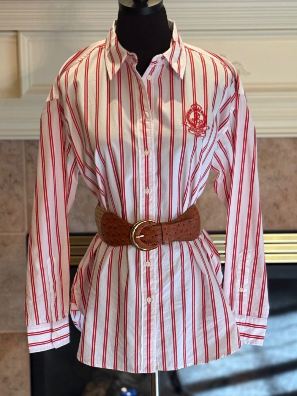 LAUREN RALPH LAUREN Relaxed Fit Striped Broadcloth Shirt White & Red Sz M